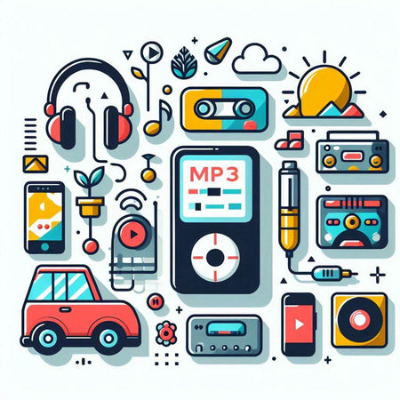Flat line art design concept of music and technology. Vector illustrationのイラスト素材
