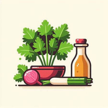 Parsley, onion, oil and mortar. Vector illustration.のイラスト素材