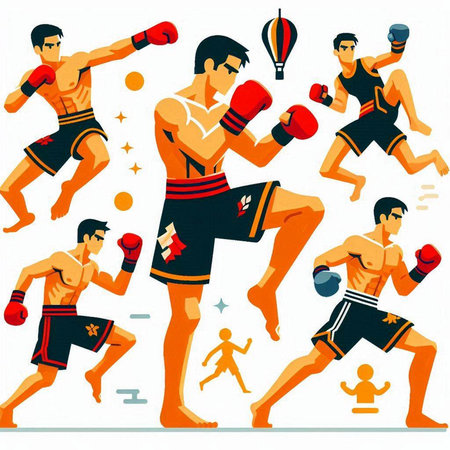 Vector illustration of boxer in different poses and attitudes. Set of boxing elements.のイラスト素材