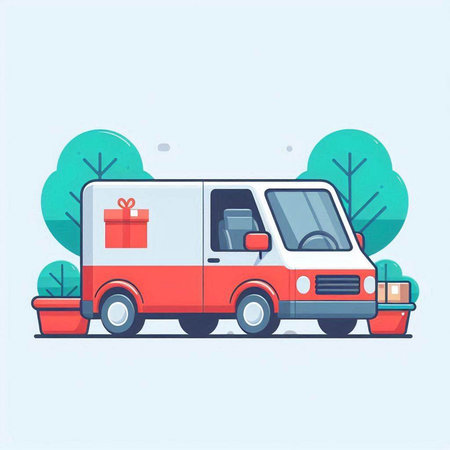 Food delivery van with gift box. Vector illustration in flat style.のイラスト素材