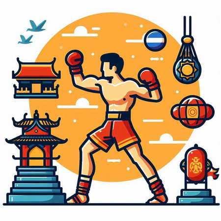 Vector illustration of a boxer in the ring on the background of the Chinese templeのイラスト素材