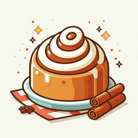 Cinnamon roll with whipped cream and cinnamon sticks. Vector illustration.のイラスト素材