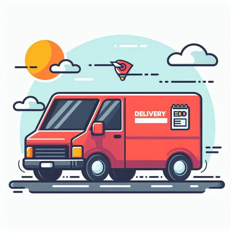 Flat vector illustration of delivery van on the road. Delivery service concept.のイラスト素材