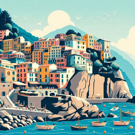 Vintage hand drawn vector illustration of colorful houses on the coast of Italyのイラスト素材