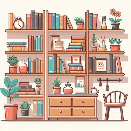 Bookshelf with books and other home related objects. Vector illustration.のイラスト素材