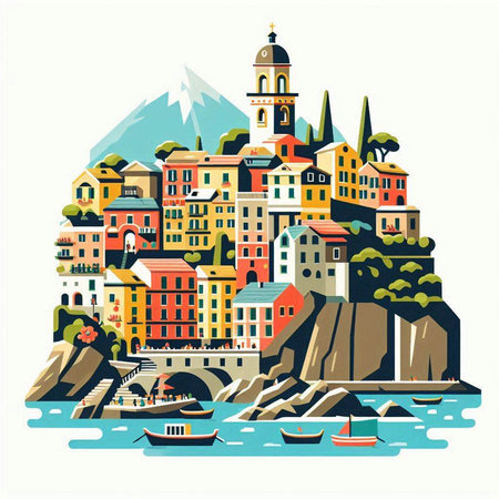 Colorful houses on the rocks over the sea. Vector illustration.のイラスト素材