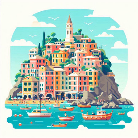 Riomaggiore, Italy. Colorful vector illustration.のイラスト素材