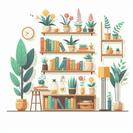 Vector illustration of a shelf with plants and books. Flat style.のイラスト素材