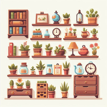 Flowers and plants in pots on bookshelf vector illustration.のイラスト素材