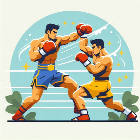 Boxing competition. Two professional boxers in gloves fighting. Vector illustrationのイラスト素材