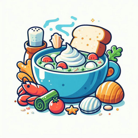 Vector illustration of a bowl of soup with cream, bread and vegetables.のイラスト素材