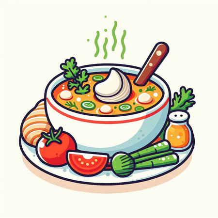 Vegetable soup with carrot, tomato, onion, parsley and garlic. Cartoon vector illustration.のイラスト素材