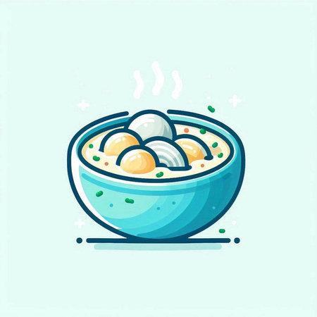 Vector illustration of a bowl of boiled rice with dumplings.のイラスト素材