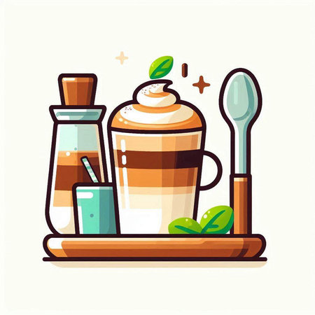 Coffee time, vector illustration in flat cartoon style. Hot latte or cappuccino with whipped cream, glass of milk, spoon and mint leaves.のイラスト素材