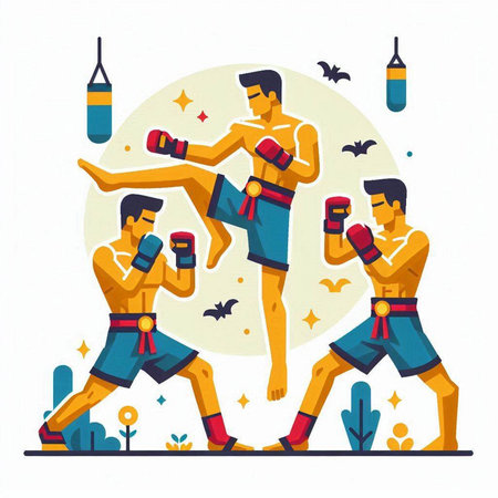 Boxing vector illustration. Boxers in action, fight in the ring.のイラスト素材