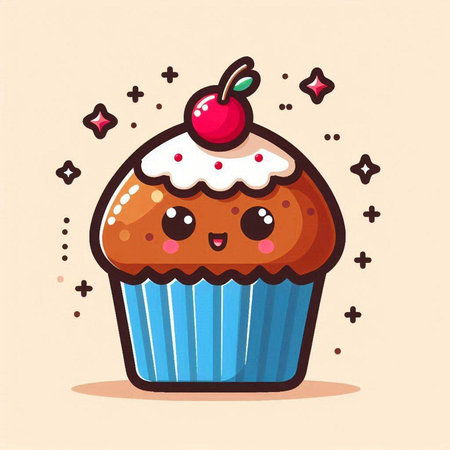 Cute cupcake with cherry on top. Vector cartoon illustration.のイラスト素材