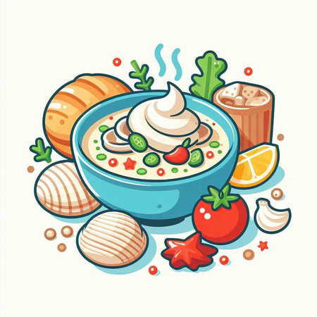 Illustration of a bowl of porridge with cream and vegetables.のイラスト素材