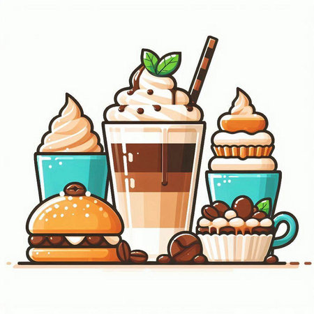 Coffee and desserts in cartoon style. Vector illustration on white background.のイラスト素材