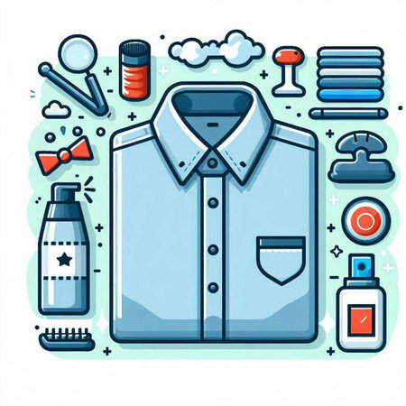 Vector illustration of men's clothing and accessories. Men's shirt, tie, perfume, perfume, comb, hairbrush, shampoo, shower gel.のイラスト素材