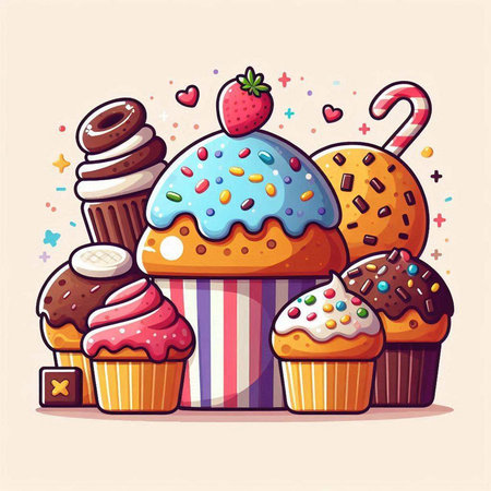 Cupcakes and sweets. Vector illustration in cartoon style. Sweet dessert.のイラスト素材