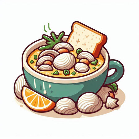 Cartoon soup with clams in a bowl. Vector illustration.のイラスト素材