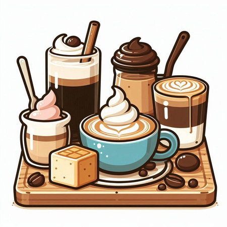 Coffee cups with whipped cream and coffee beans. Vector illustration.のイラスト素材