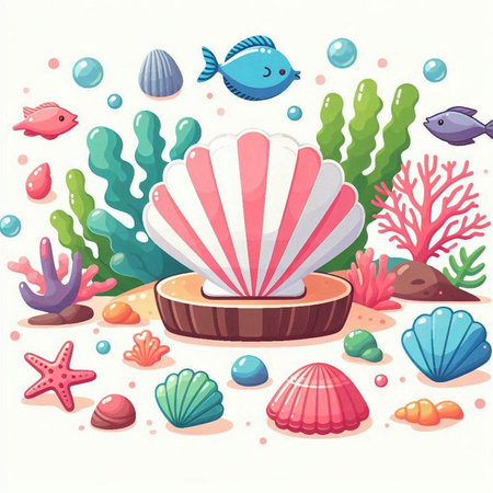 Sea life background with corals, starfish and shells. Vector illustration.のイラスト素材