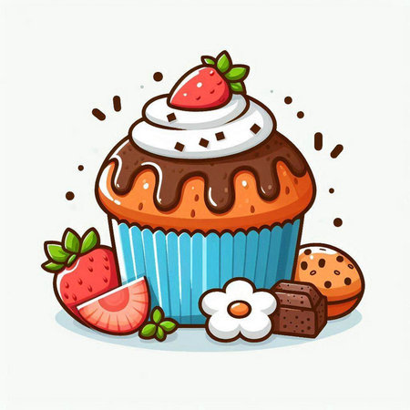 Cupcake with strawberry and chocolate. Sweet dessert. Vector illustration.のイラスト素材