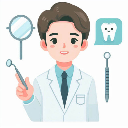 Male dentist with dental tools on white background. Vector illustration in cartoon style.のイラスト素材