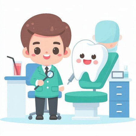 dentist and patient in dental office cartoon character vector design.のイラスト素材