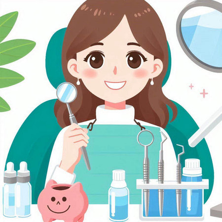 Illustration of a Female Dentist Holding a Toothbrush and a Piggy Bankのイラスト素材