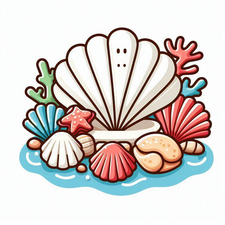 Shells and starfish on a white background. Vector illustration.のイラスト素材