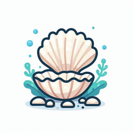 Sea shell and seaweed. Vector illustration in doodle styleのイラスト素材