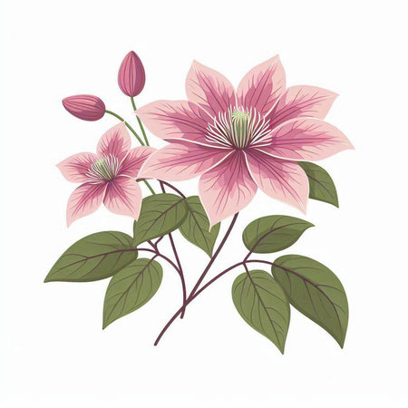 Pink clematis flowers on a white background. Vector illustration.のイラスト素材