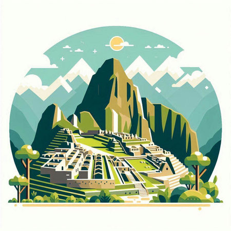 Machu Picchu, Peru, South America. Vector illustration in retro styleのイラスト素材