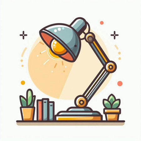 Illustration of a desk lamp with books and plants in a potのイラスト素材