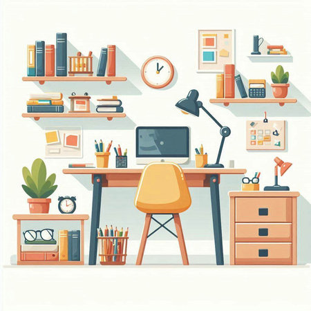 Interior of home office. Workplace with computer, bookshelf, chair and other items. Flat style vector illustration.のイラスト素材