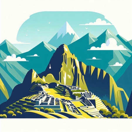 Landscape with mountains and houses. Vector illustration. Eps 10.のイラスト素材