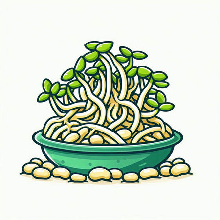 Illustration of noodle with sprouts in bowl on white backgroundのイラスト素材