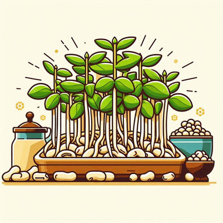 Green sprouts in a pot. Growing sprouts. Vector illustration.のイラスト素材