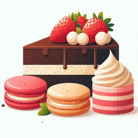 Cake, macaroon and strawberry on white background. Vector illustration.のイラスト素材