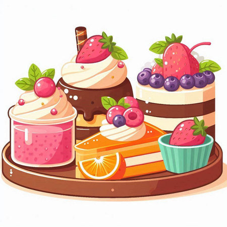 Illustration of a set of different types of cakes on a white backgroundのイラスト素材