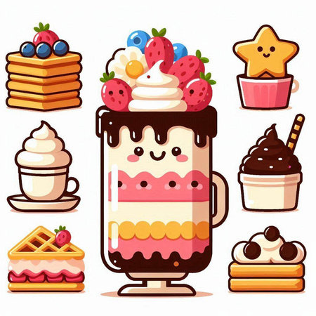Cute cartoon illustration of a set of different types of cakes.のイラスト素材