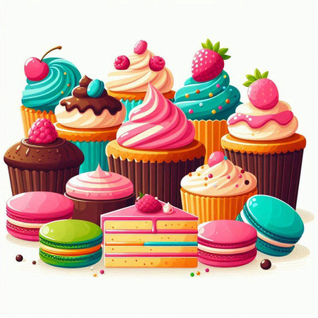 Cupcakes, macaroons and macarons. Vector illustration.のイラスト素材