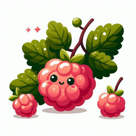 Cute cartoon raspberries with green leaves. Vector illustration.のイラスト素材
