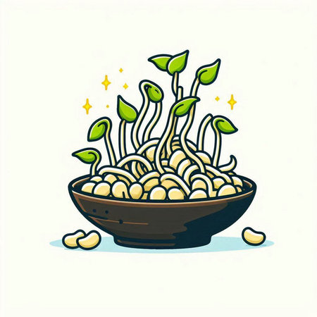 Illustration of a bowl with sprouting soybean sprouts.のイラスト素材