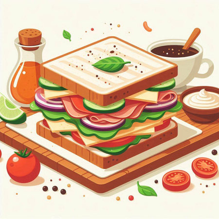 Sandwich with cheese, ham, tomato, cucumber, onion and basil. Vector illustrationのイラスト素材