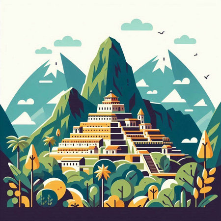 Bhutan. Landscape with mountains and temples. Vector illustrationのイラスト素材