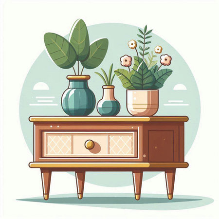 Vase with plants on the chest of drawers. Vector illustration.のイラスト素材
