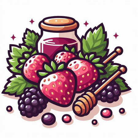 Strawberry jam with berries and wooden honey dipper. Vector illustration.のイラスト素材